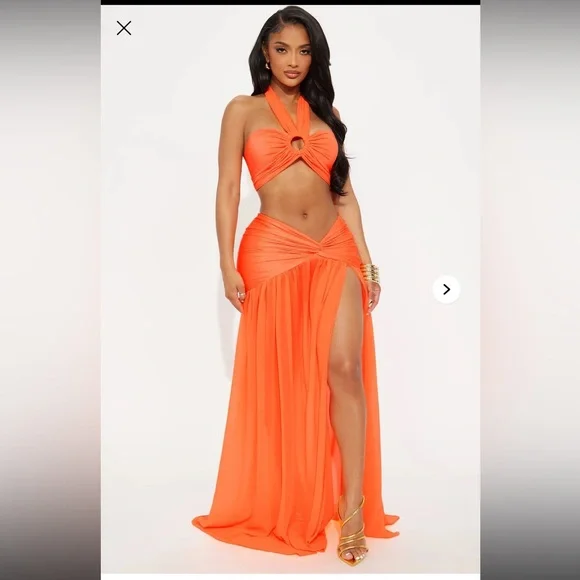 Vibrant Orange Halter Maxi Skirt Set - Picture 2 of 4